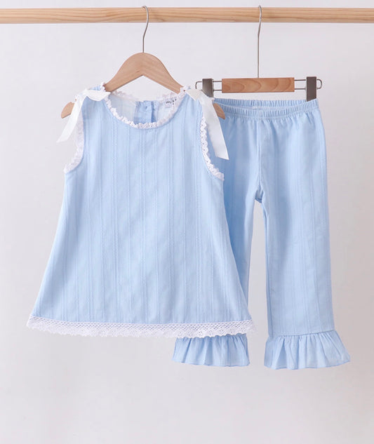 Blue Jacquard Lace Ruffle Set